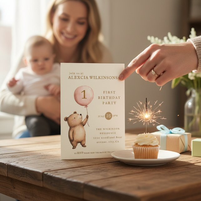 Whimsical Bear "One" Heart Balloon Birthday  Invitation (Creator Uploaded)