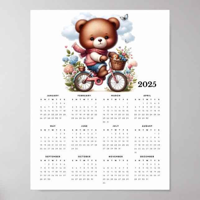 Whimsical Bear Riding a Bicycle 2025 Wall Calendar Poster (Front)