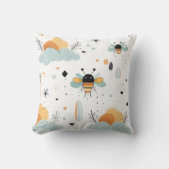 Whimsical Bee and Cloud Pattern Pillow for Kids  (Front)