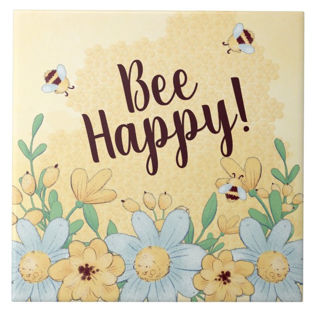 Whimsical Bee Happy Ceramic Tile (Front)