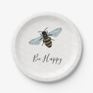 Whimsical Bee Happy Gold Honeycomb Paper Plate