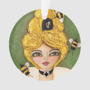 Whimsical Bee Hive Girl Artistic Yellow Green Cute Ornament