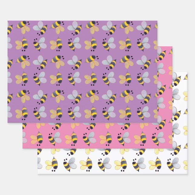 Whimsical Bees Pattern Trio II Wrapping Paper Sheet (Set)