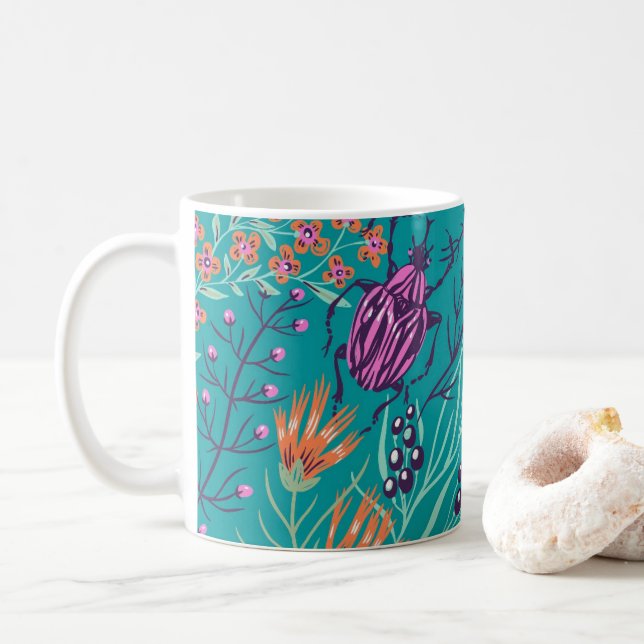 Whimsical Beetle & Wildflower Botanical  Coffee Mug (With Donut)