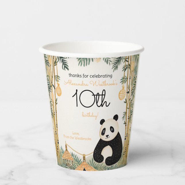 Whimsical Beige Bamboo and Panda Birthday Party Paper Cups (Front)