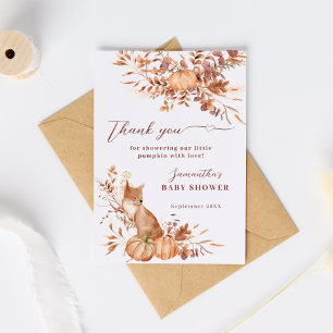 Whimsical Beige Rustic Fox Pumpkin Thank You Card