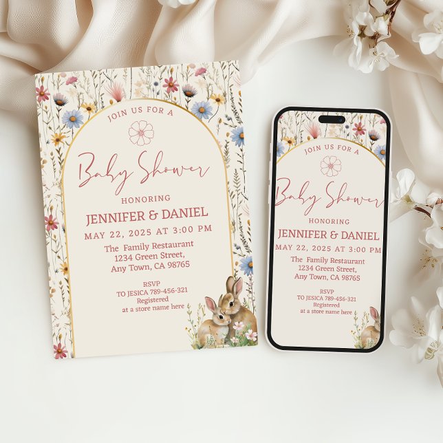 Whimsical Beige Wildflower Bunnies Baby Shower  Invitation (Creator Uploaded)