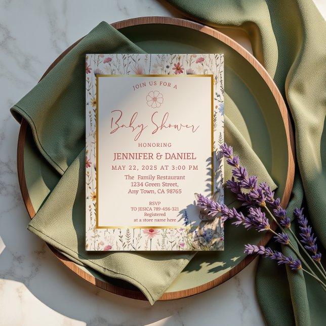 Whimsical Beige Wildflower Bunny Baby Shower Invitation (Creator Uploaded)