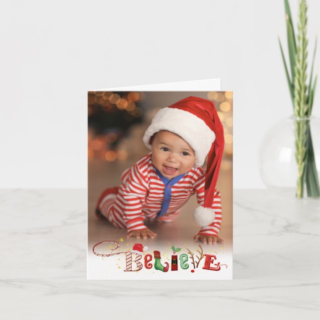 Whimsical BELIEVE, 3 Photo, Holiday Letter Option Card (Front)