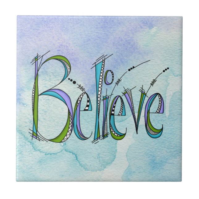 Whimsical Believe Hand-Lettering Ceramic Tile (Front)