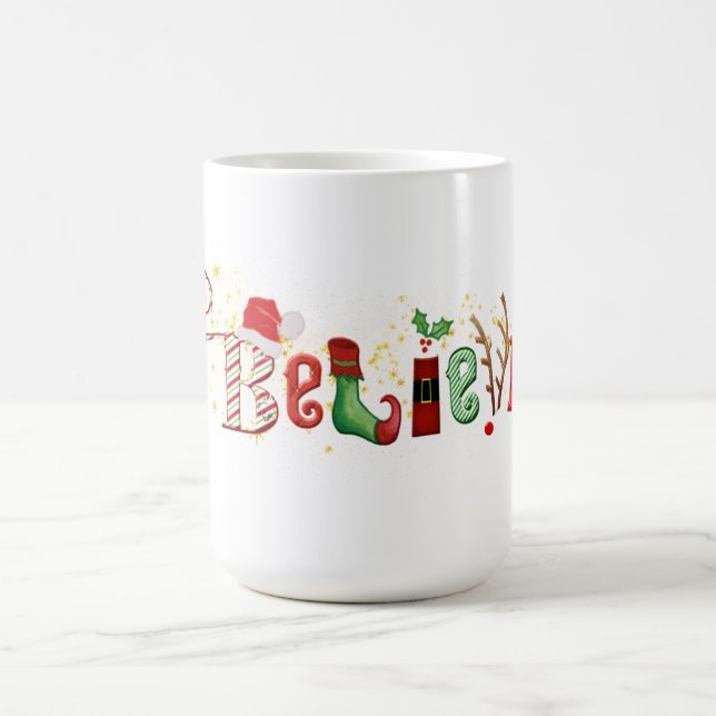 Whimsical BELIEVE with Gold Sparkles Christmas Coffee Mug (Center)