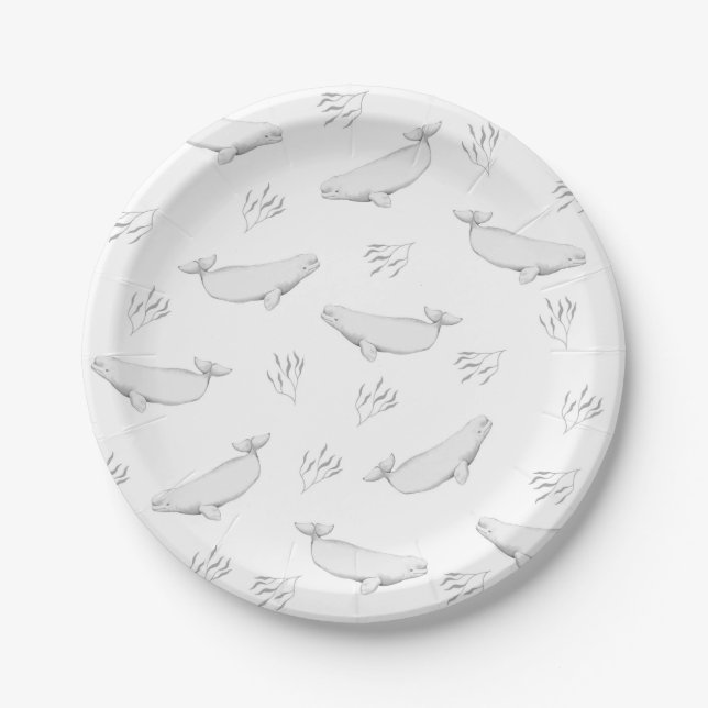 Whimsical Beluga Whale Ocean Sea Weed Illustration Paper Plate (Front)