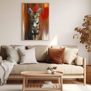 Whimsical Bengal Cat Portrait on Heart Background Poster
