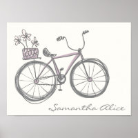 Whimsical Bicycle Illustration Lavender Grey Name