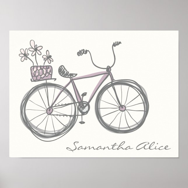 Whimsical Bicycle Illustration Lavender Grey Name Poster (Front)