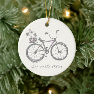 Whimsical Bicycle Illustration Lilac Grey Custom Ceramic Ornament
