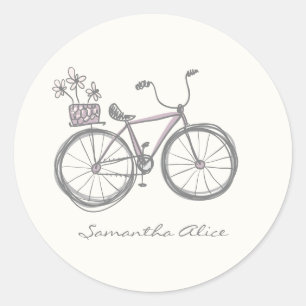 Whimsical Bicycle Illustration Lilac Grey Custom  Classic Round Sticker