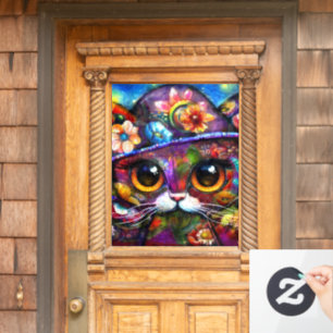 Whimsical Big-Eye Cat Kitty with Hat Floral