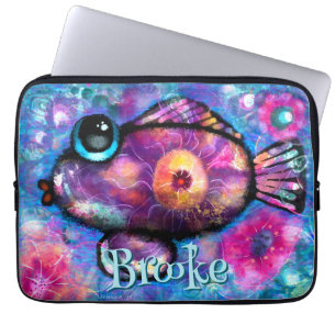 Whimsical Big-Eye Fish Teal Pink Personalised Laptop Sleeve