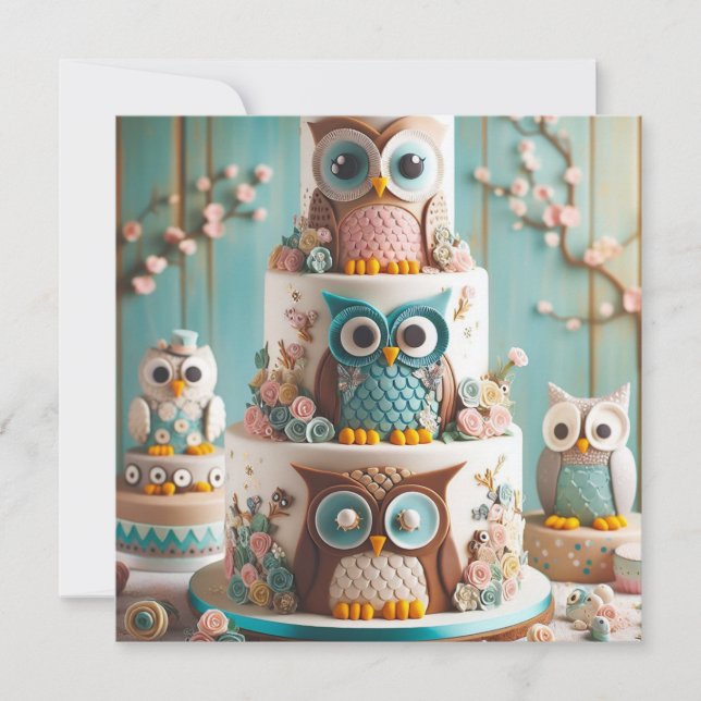 WHIMSICAL BIG EYE OWL THEMED BIRTHDAY CAKE  INVITATION (Front)