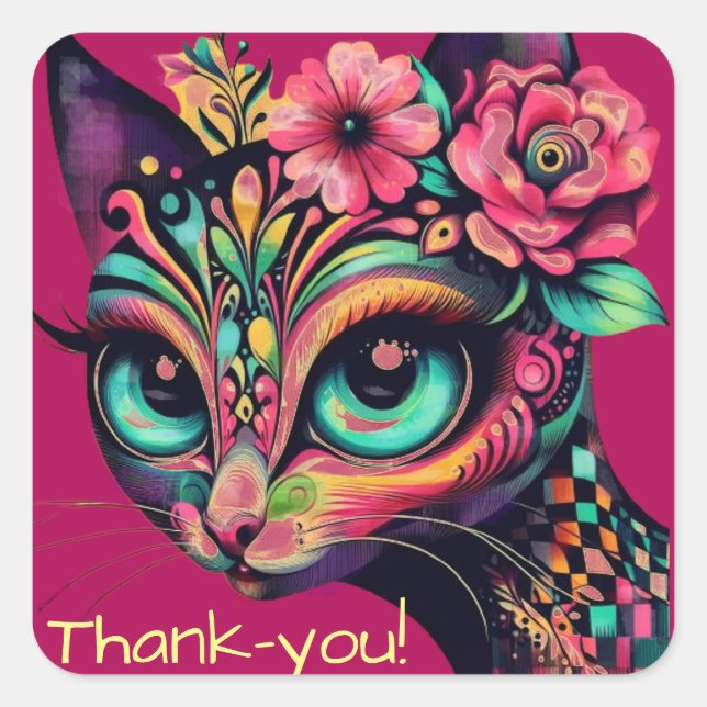 Whimsical Big-Eye Retro Diva Cat Kitty Square Sticker (Front)