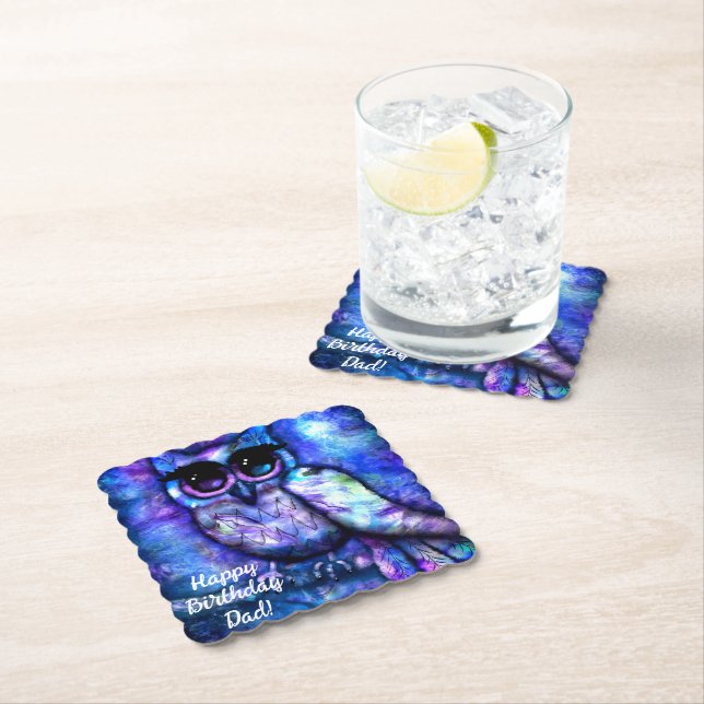 Whimsical Big-Eyed Abstract Owl Blue Green Purple Paper Coaster (Insitu)