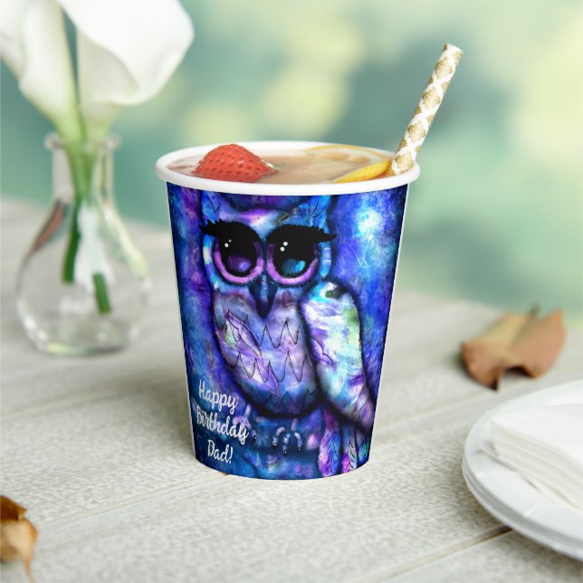 Whimsical Big-Eyed Abstract Owl Blue Green Purple Paper Cups (Insitu)