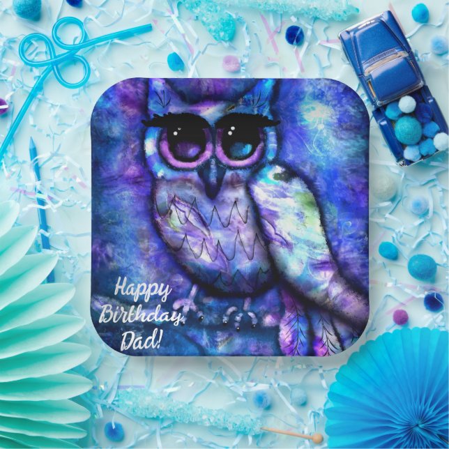 Whimsical Big-Eyed Abstract Owl Blue Green Purple Paper Plate (Party)