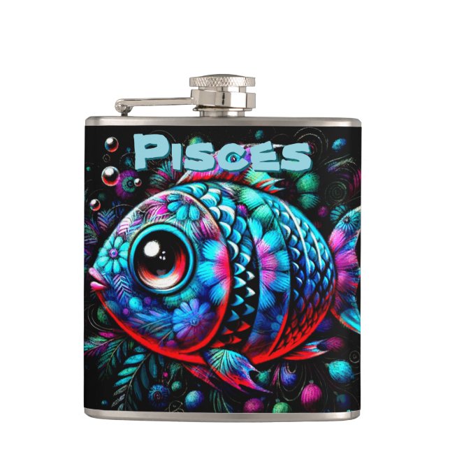 Whimsical Big-Eyed Fish Pisces Personalised Hip Flask (Front)