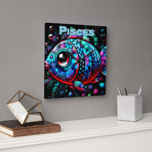 Whimsical Big-Eyed Fish Pisces Personalised Square Wall Clock