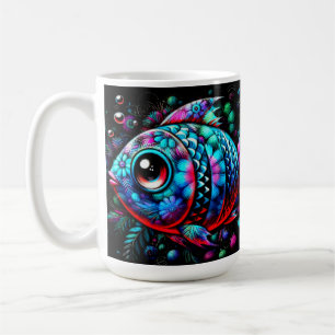Whimsical Big-Eyed Floral Fish Nautical Teal Pink Coffee Mug