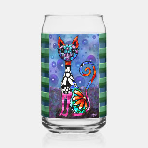 Whimsical Big-Eyed Funky Kitty Cat Abstract Can Glass