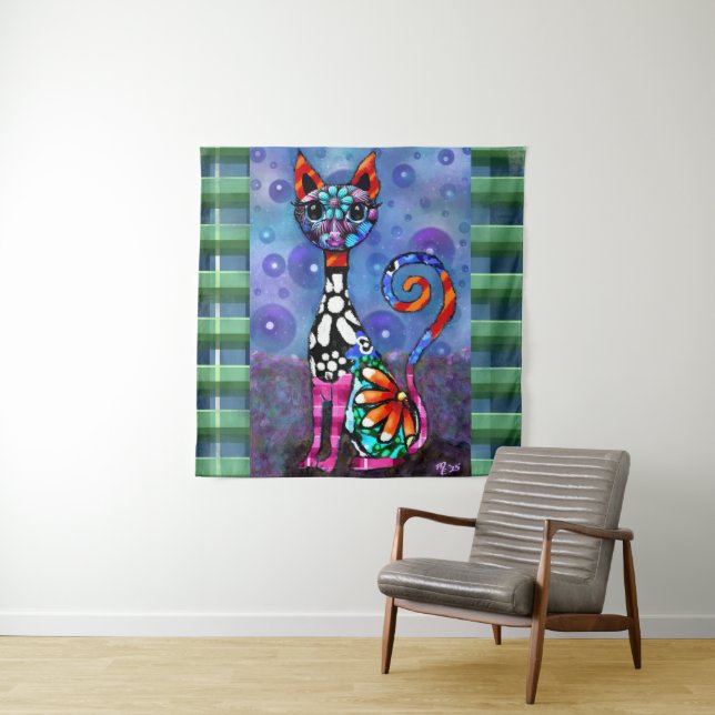 Whimsical Big-Eyed Funky Kitty Cat Abstract Tapestry (In Situ)