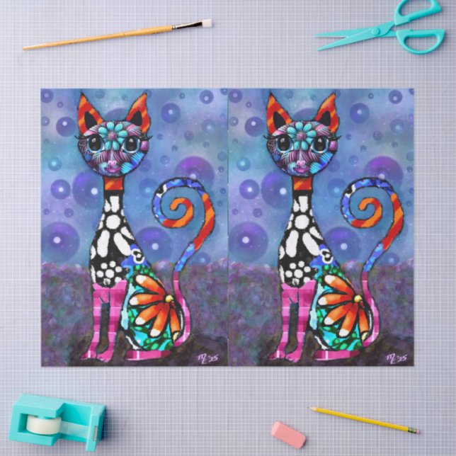 Whimsical Big-Eyed Funky Kitty Cat Decoupage Tissue Paper (Craft)