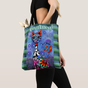 Whimsical Big-Eyed Funky Kitty Cat Personalised Tote Bag