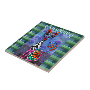 Whimsical Big-Eyed Funky Kitty Cat Personalized Ceramic Tile