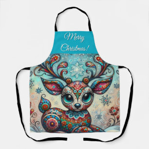 Whimsical Big Eyes Christmas Reindeer Folk Art Apron