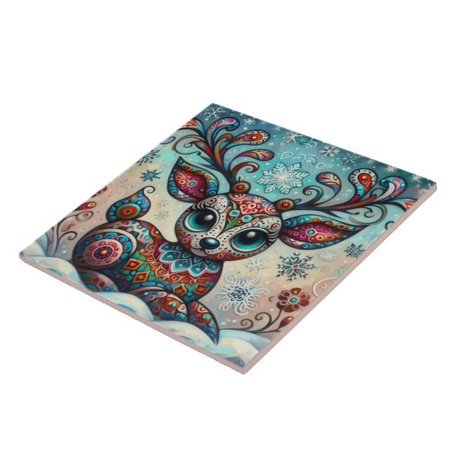 Whimsical Big Eyes Christmas Reindeer Folk Art Ceramic Tile (Side)