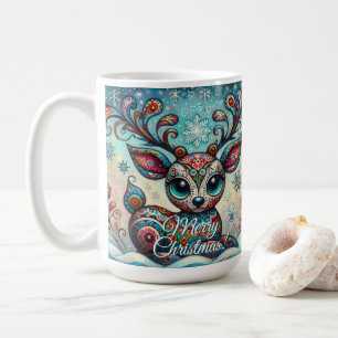 Whimsical Big Eyes Christmas Reindeer Folk Art Coffee Mug