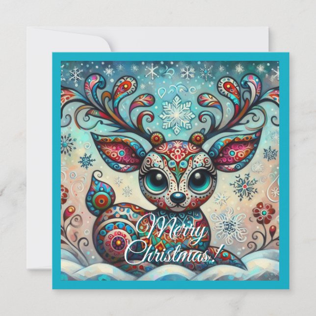 Whimsical Big Eyes Christmas Reindeer Folk Art Holiday Card (Front)