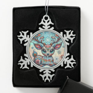 Whimsical Big Eyes Christmas Reindeer Folk Art Snowflake Pewter Christmas Ornament