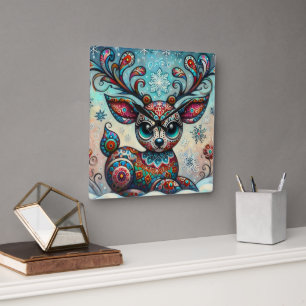 Whimsical Big Eyes Christmas Reindeer Folk Art Square Wall Clock