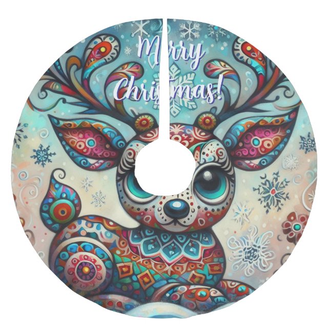 Whimsical Big Eyes Christmas Reindeer Seasonal Brushed Polyester Tree Skirt (Front)