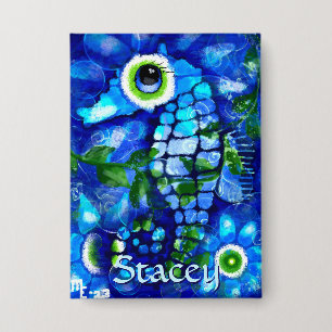 Whimsical Big-Eyes Seahorse Art Blue Personalised