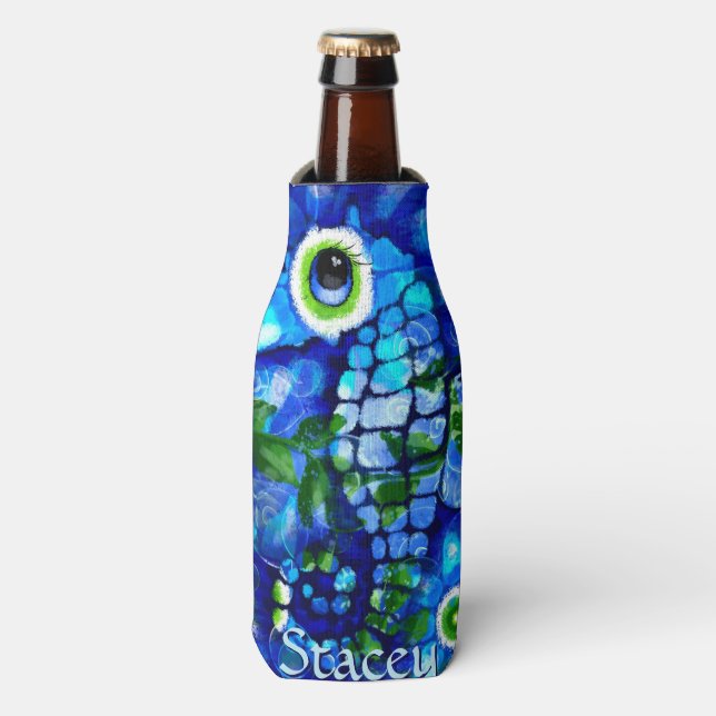 Whimsical Big-Eyes Seahorse Art Blue Personalised Bottle Cooler (Bottle Front)