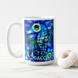 Whimsical Big-Eyes Seahorse Art Blue Personalised Coffee Mug