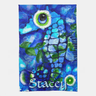 Whimsical Big-Eyes Seahorse Art Blue Personalised Tea Towel