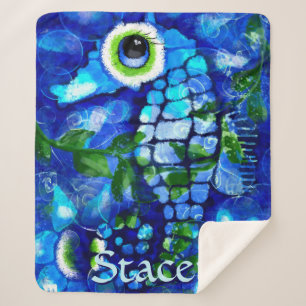 Whimsical Big-Eyes Seahorse Art Blue Personalized Sherpa Blanket