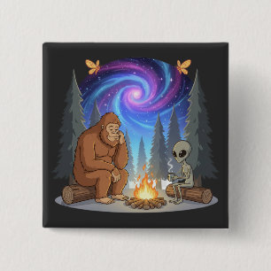 Whimsical Bigfoot and Alien Campfire Galaxy 15 Cm Square Badge