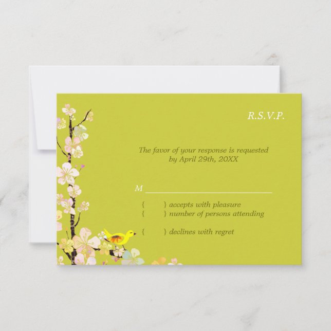 Whimsical Bird Apple Green Wedding RSVP Card (Front)